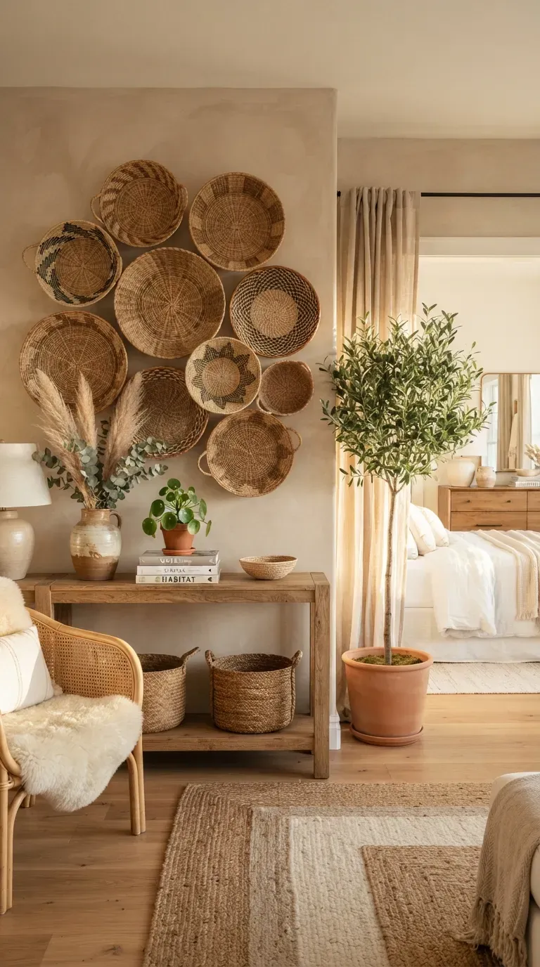 Decorative round mirror surrounded by handmade artwork in stylish gallery wall.