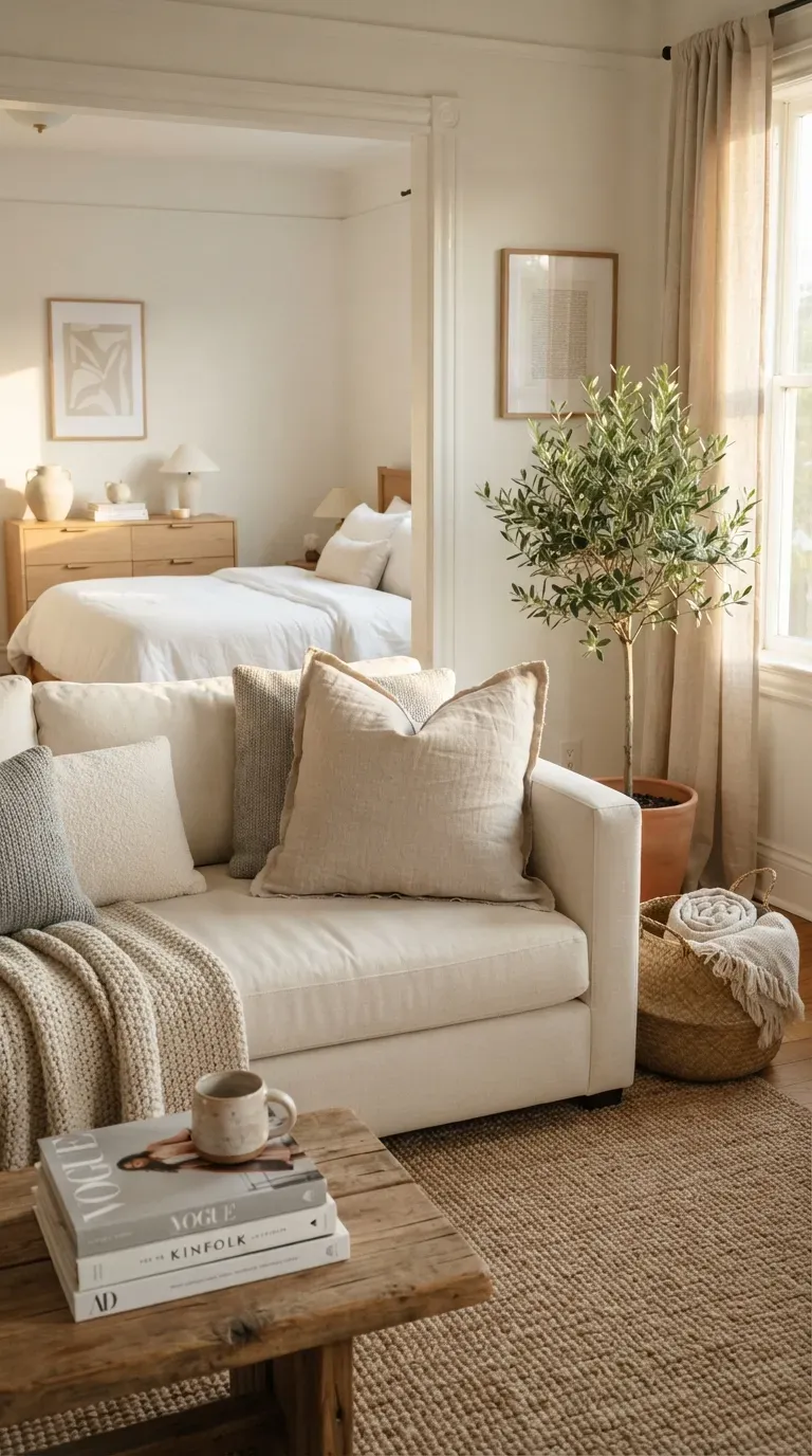 Neutral no-sew decorative throw pillow styled beautifully on a cozy modern sofa.