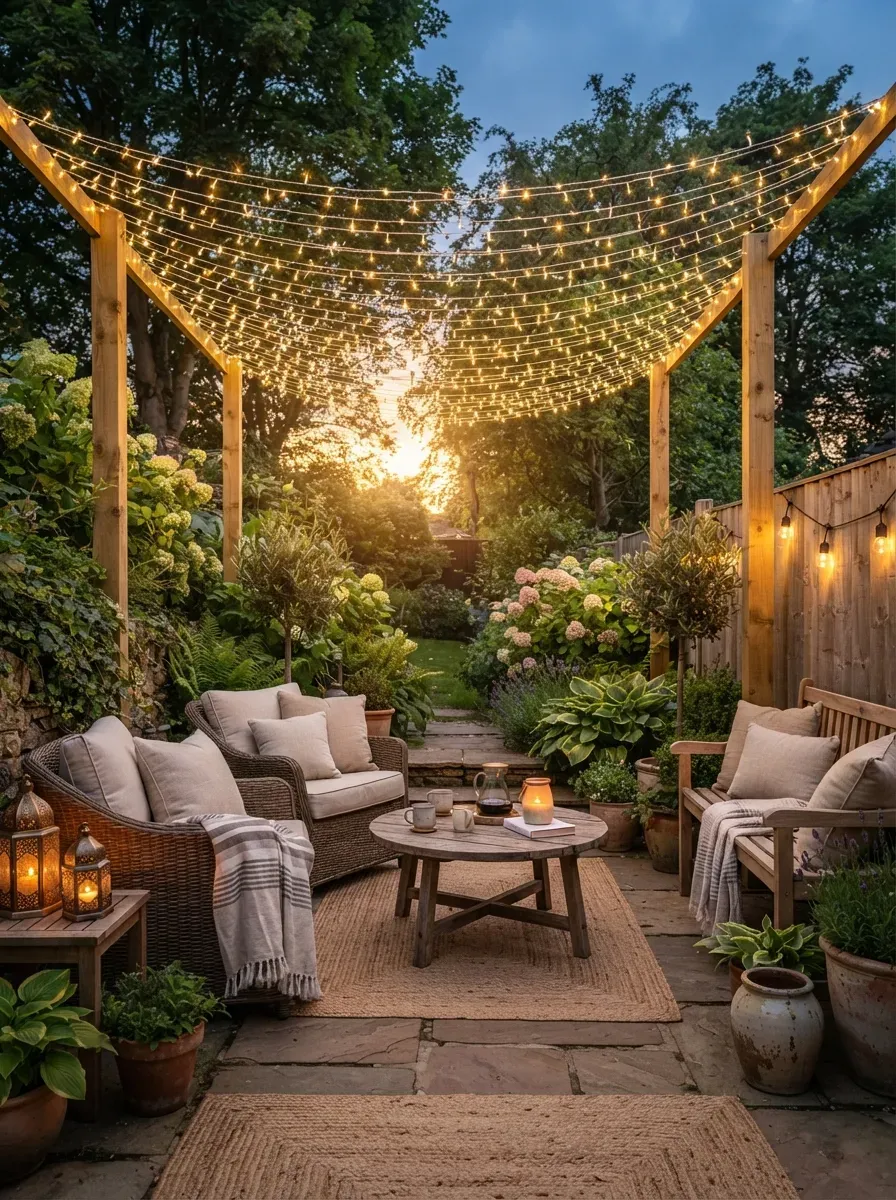 Magical backyard canopy covered with warm fairy lights above cozy seating.