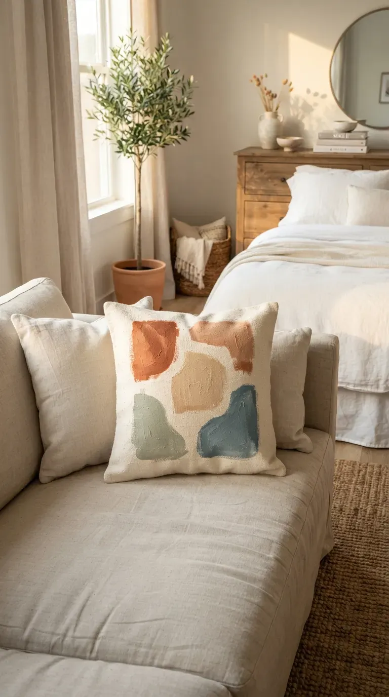 Hand-painted abstract throw pillow featuring organic shapes in earthy neutral colors.