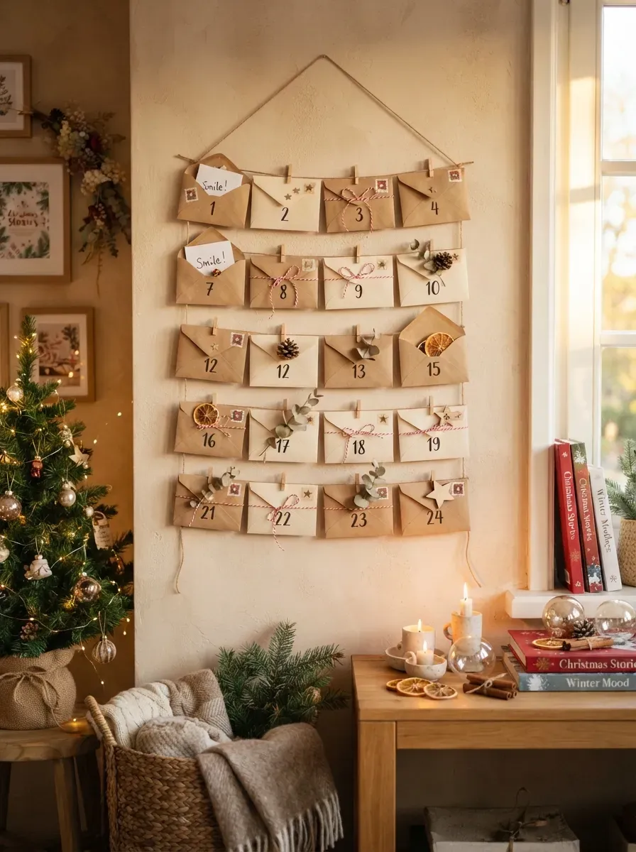 Pretty handmade paper envelope advent calendar displayed on Christmas wall.