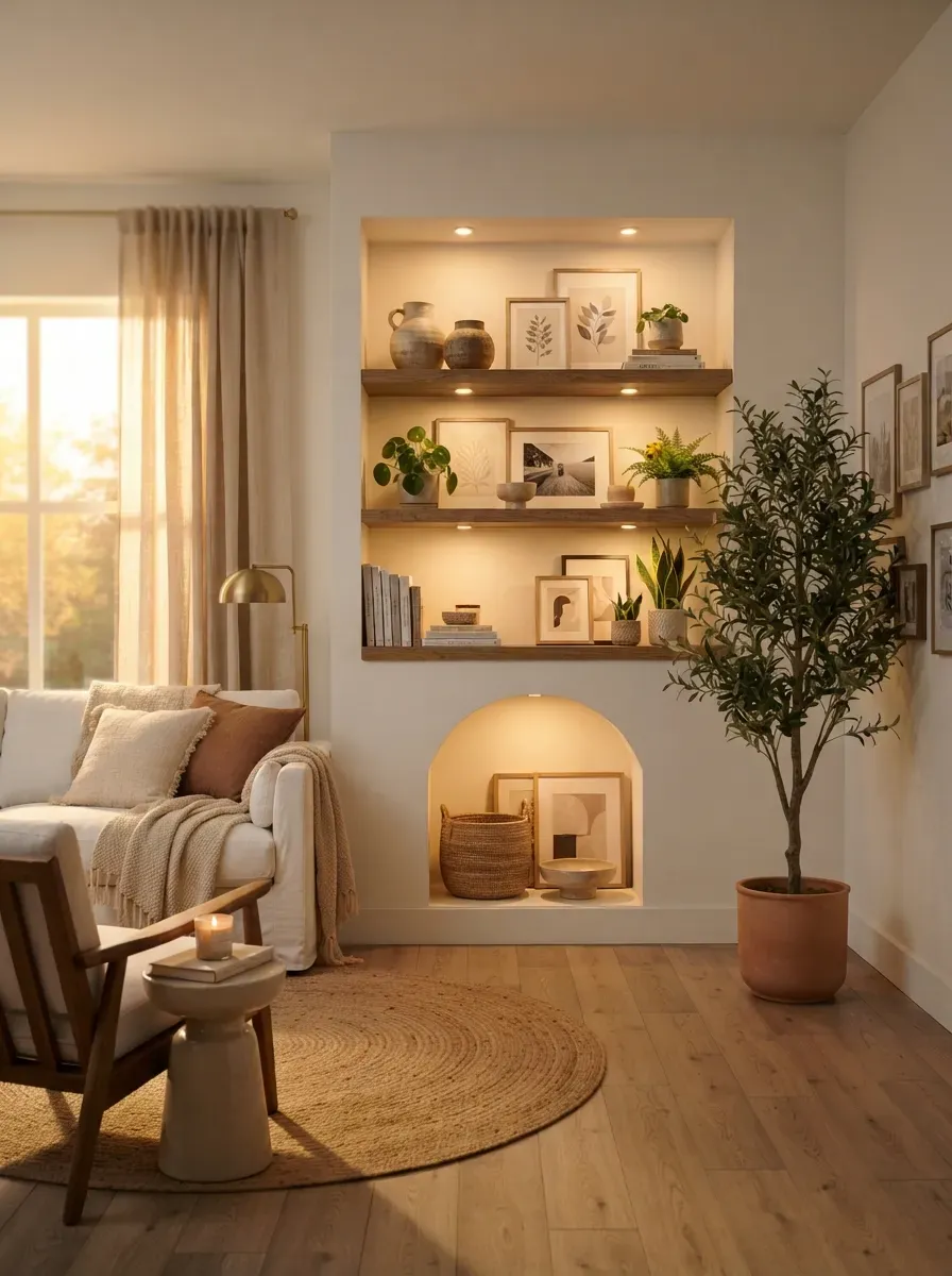 Elegant cluster of handmade paper lanterns glowing in a cozy modern room.
