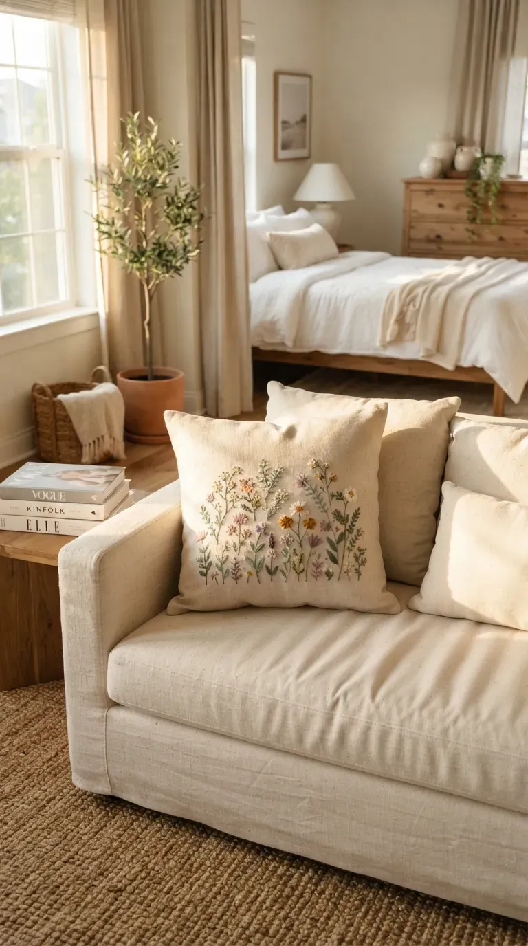 Colorful handmade patchwork pillow featuring coordinated fabric squares on sofa.
