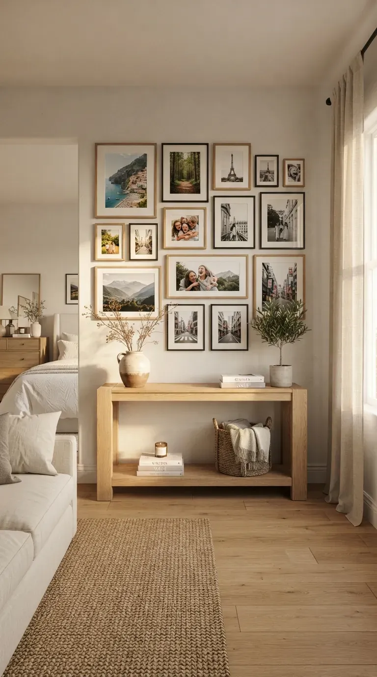 Warm personal photo gallery wall arranged with matching frames above wooden console.