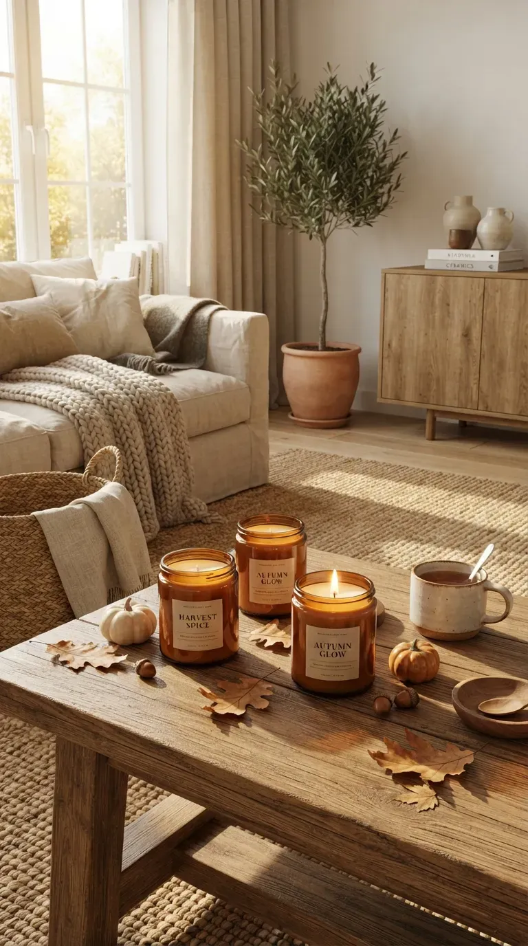 Handmade personalized fall candles with simple labels arranged as cozy seasonal gifts.