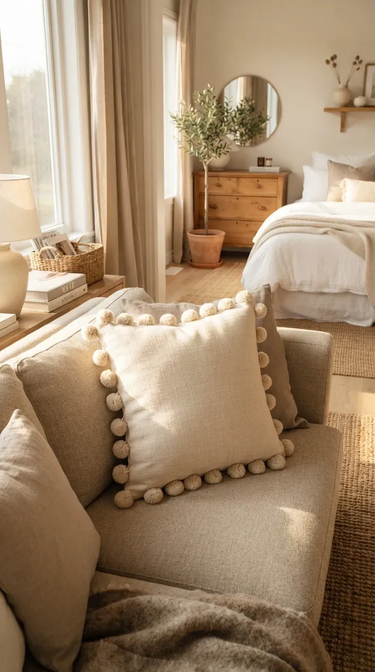 Cream decorative throw pillow finished with soft pom-pom trim on cozy sofa.