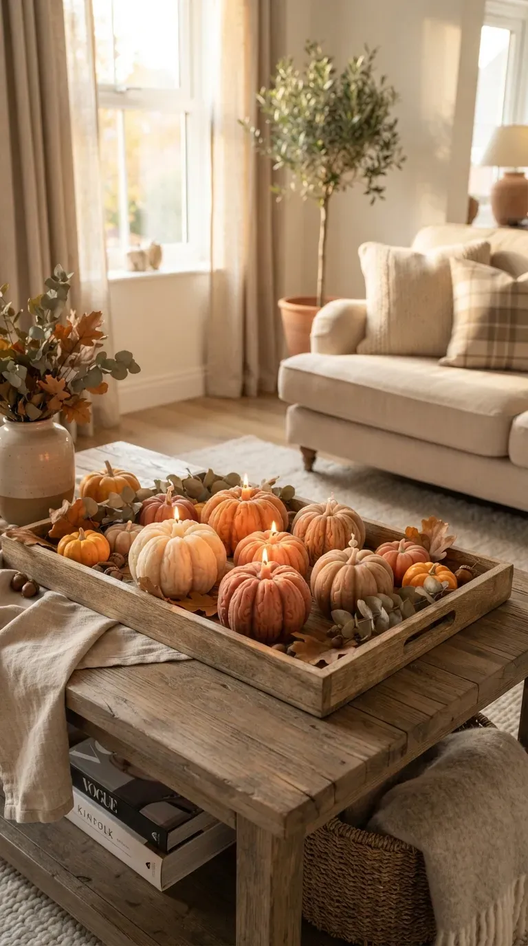 Handmade pumpkin shaped candles arranged with autumn leaves and cozy seasonal decorations.