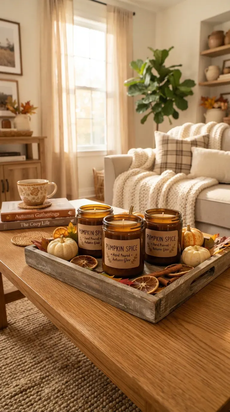 Cozy pumpkin spice jar candles styled with autumn leaves pumpkins and warm decor.