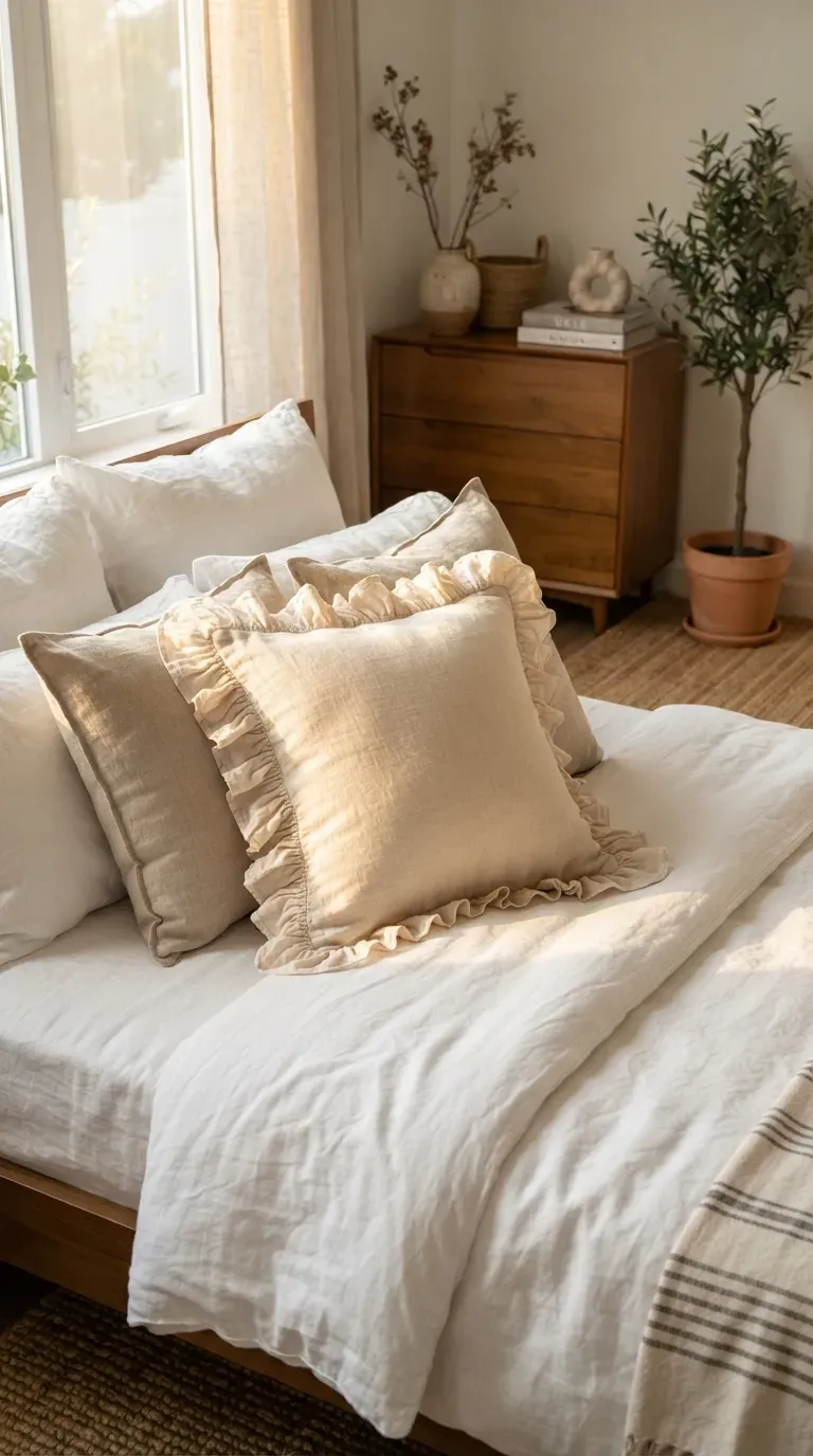 Romantic cream ruffled throw pillow styled on a soft neutral bed.