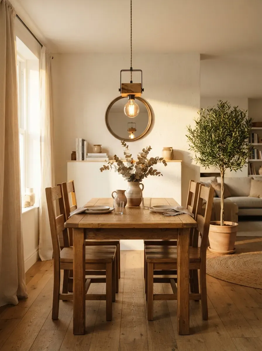 Handmade rustic pendant light hanging above a warm wooden dining table.