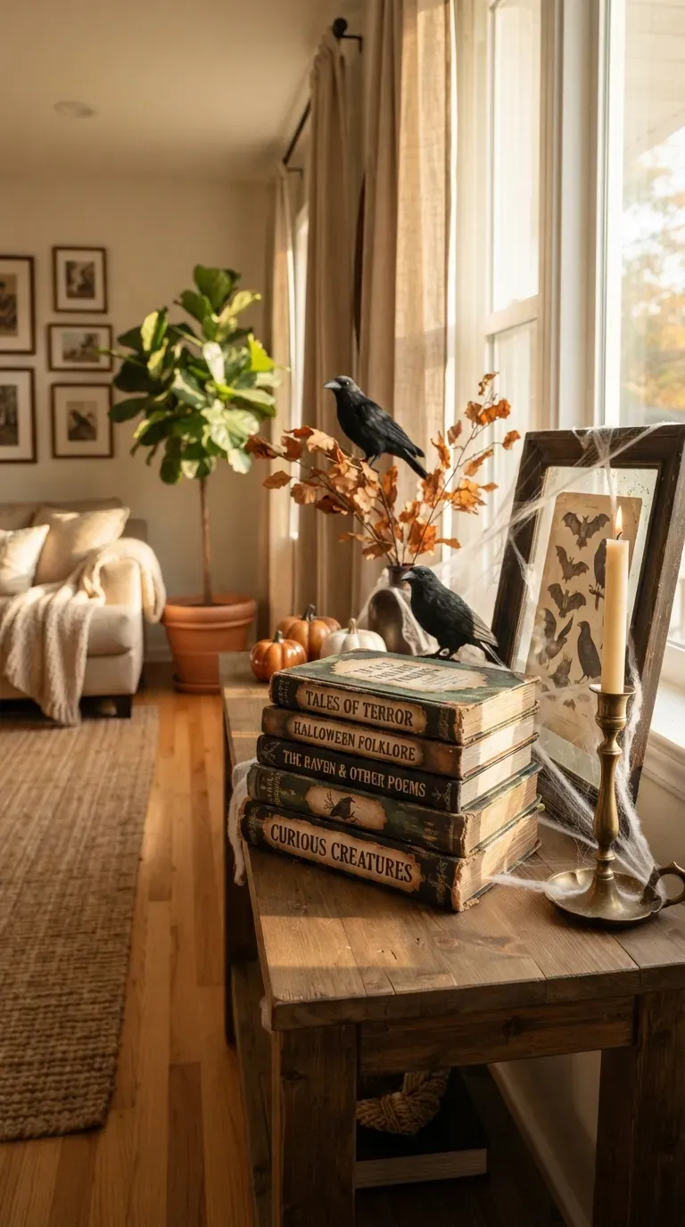 Vintage book stack transformed into stylish spooky Halloween shelf decor.