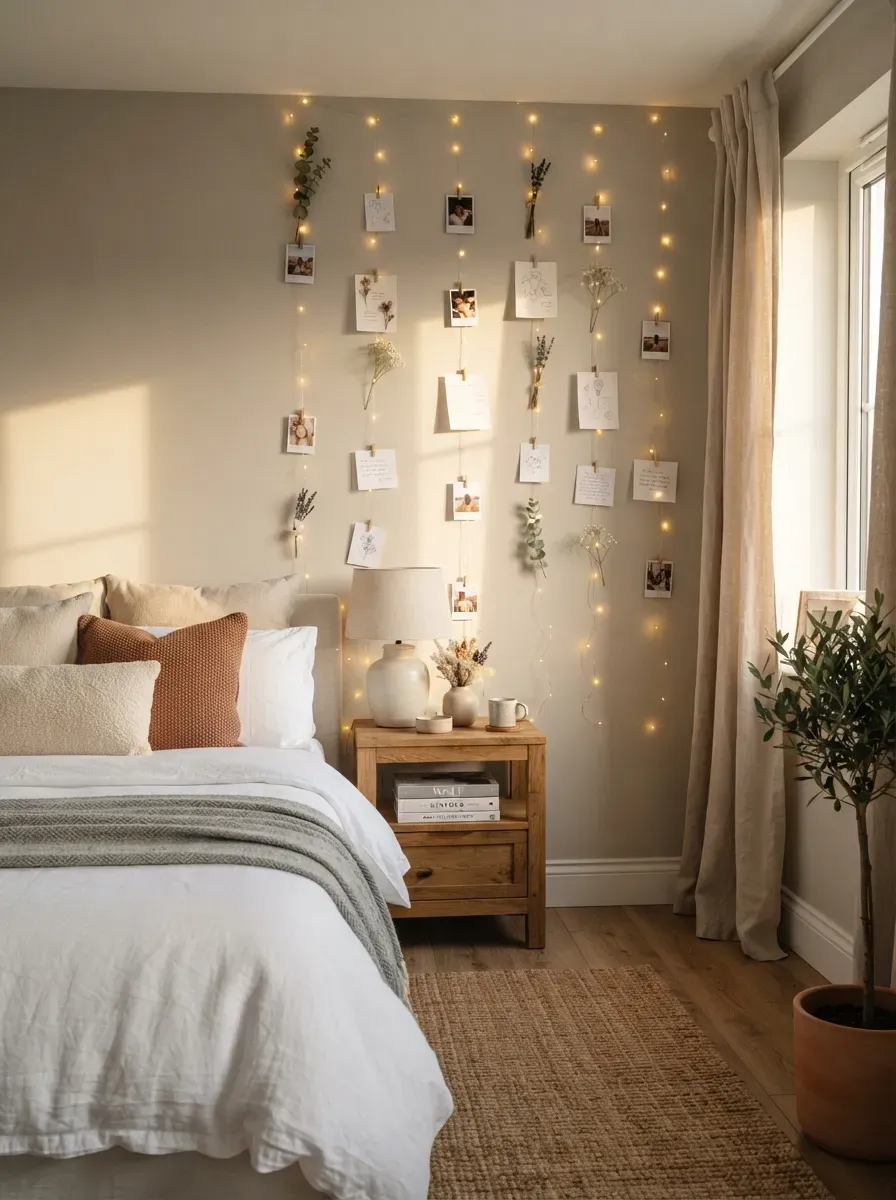 Cozy bedroom wall decorated with warm string lights and personal photos.