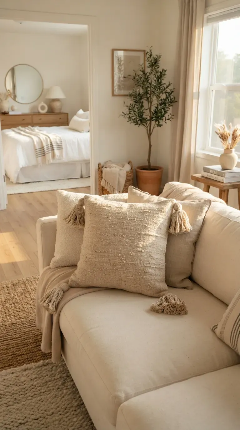 Neutral handmade throw pillow with four corner tassels styled on modern sofa.