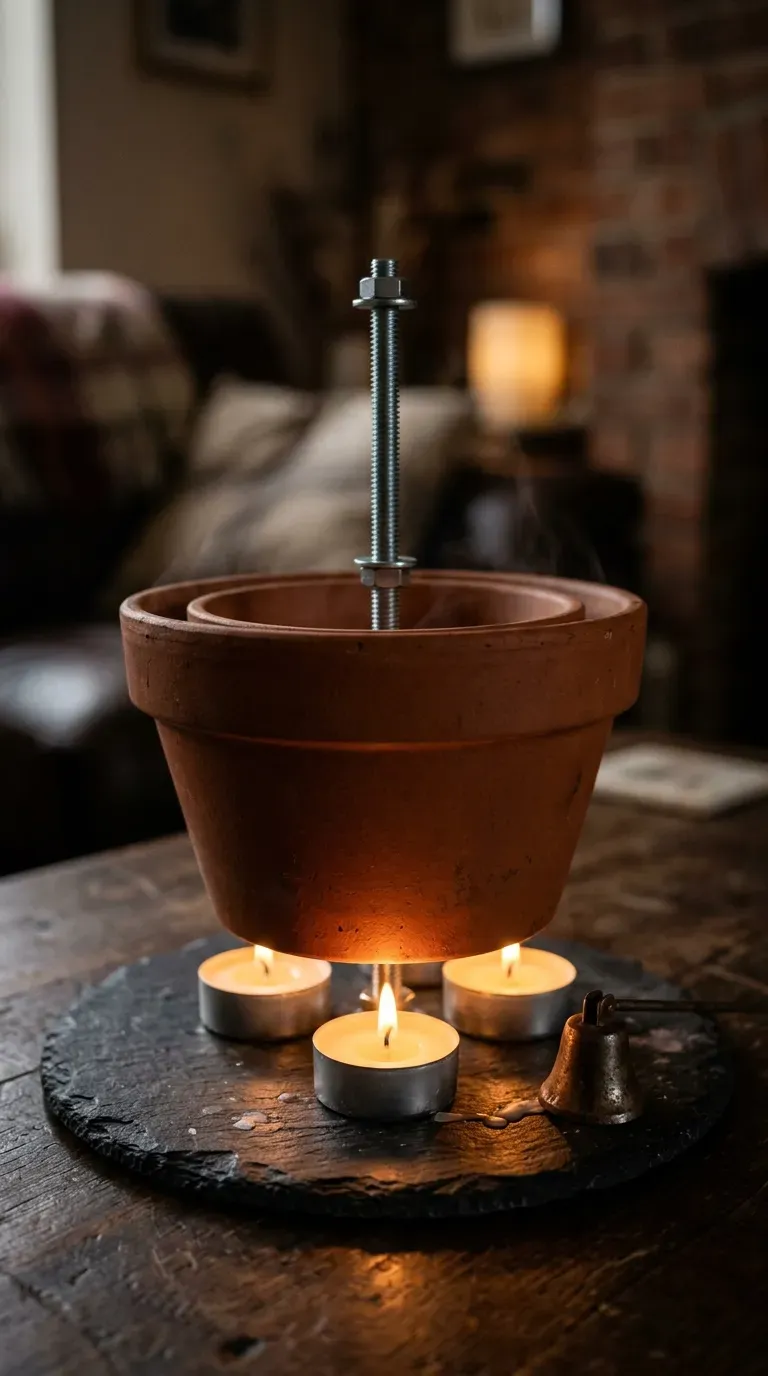 double-nested terracotta pot candle heater resting on a slate coaster with tea lights glowing underneath