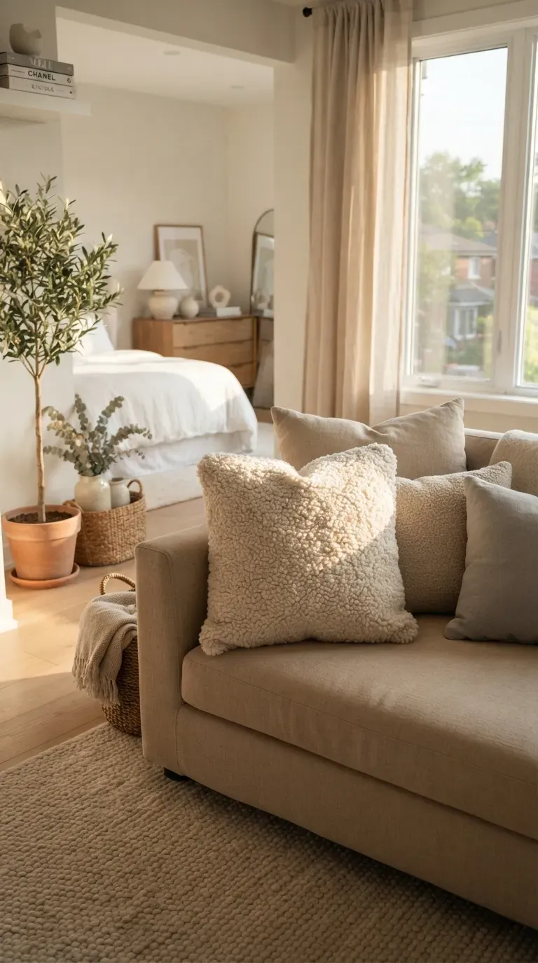 Cream textured bouclé throw pillow styled with neutral cushions on cozy sofa.