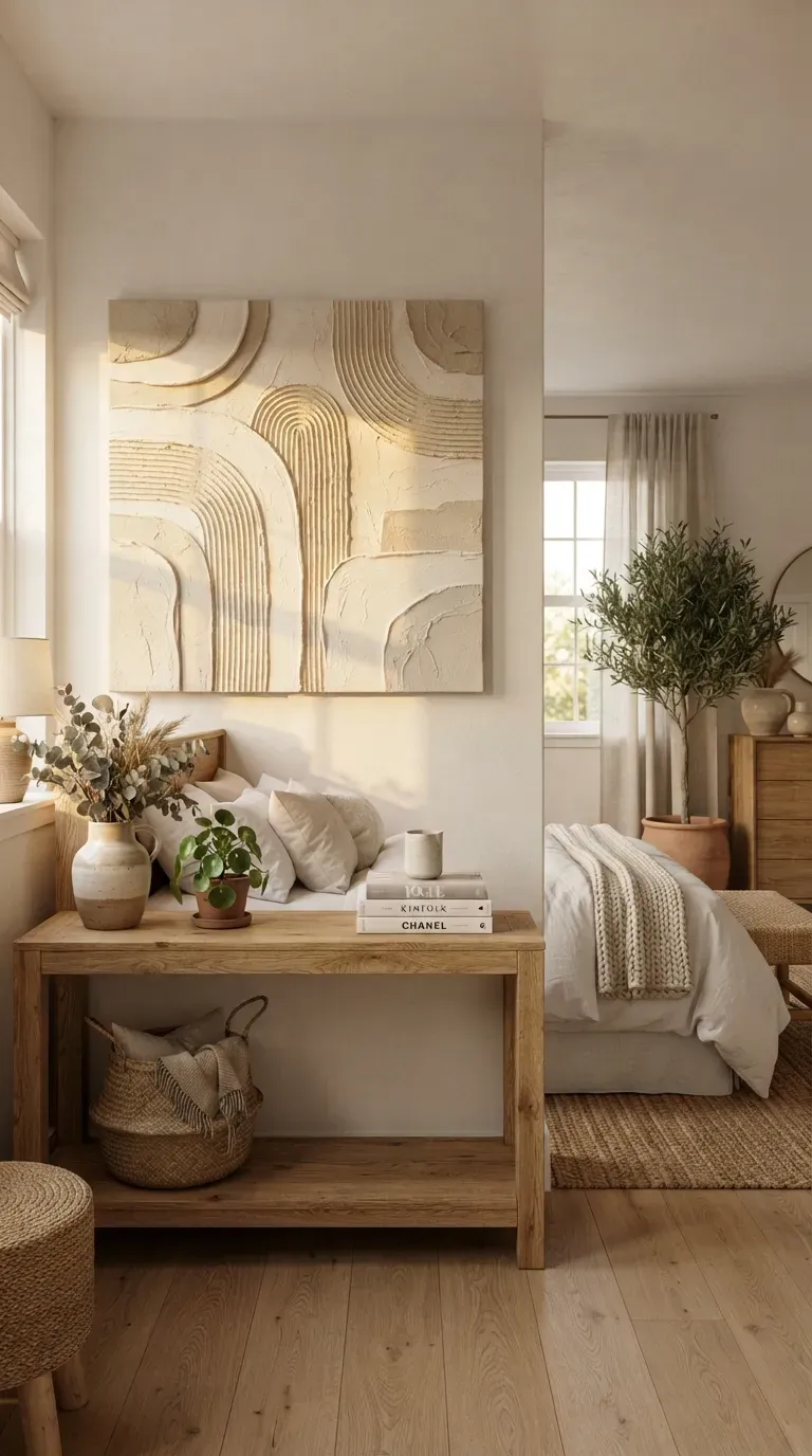 Neutral textured DIY wall art with raised organic patterns on a modern canvas.