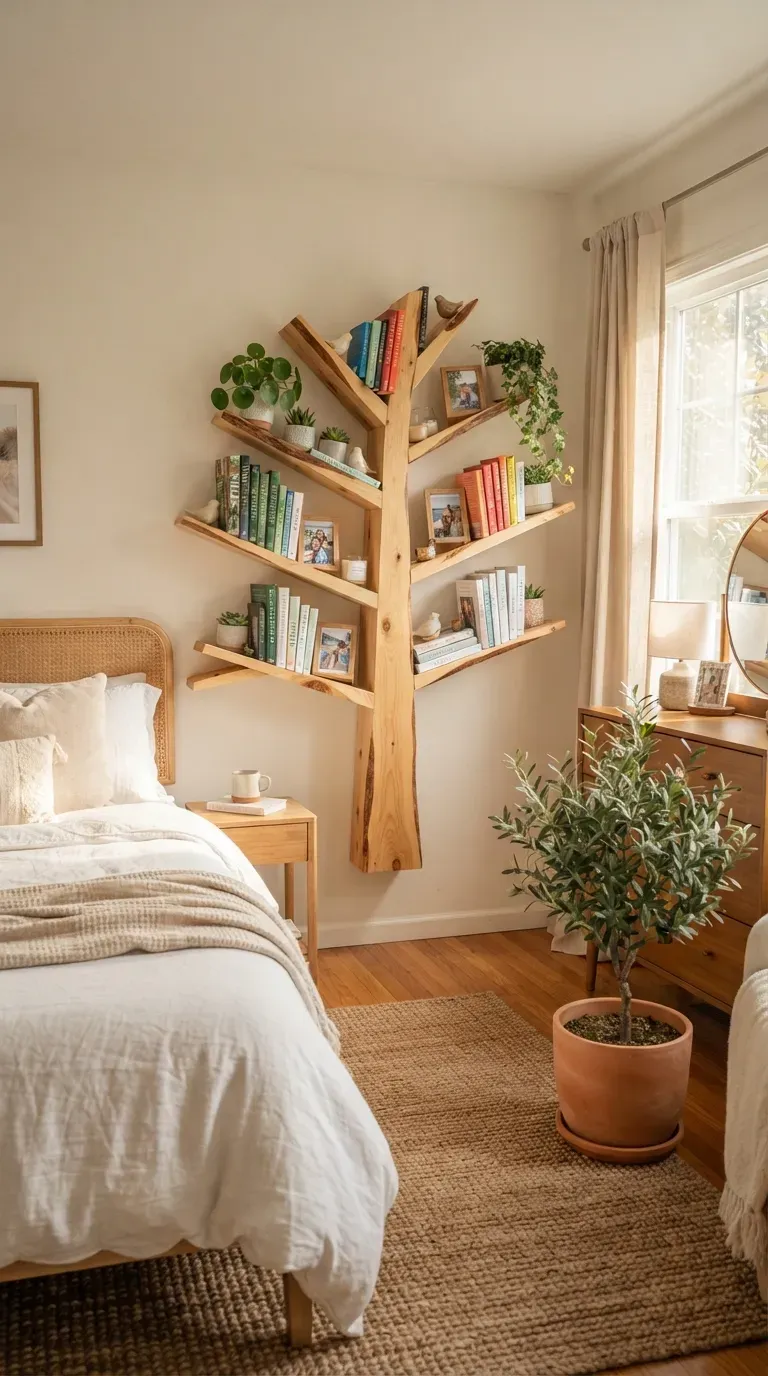Creative tree-shaped wooden bookshelf displaying books plants and natural home decor.