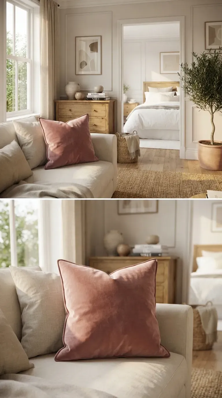 Elegant dusty rose velvet accent pillow styled on sophisticated neutral sofa.