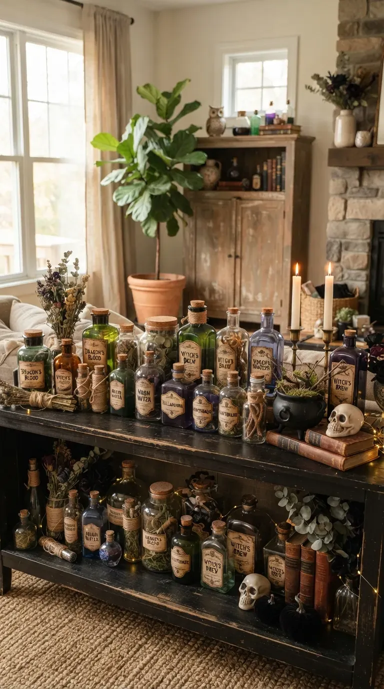Vintage witch potion bottles arranged with herbs candles and spooky Halloween decor.
