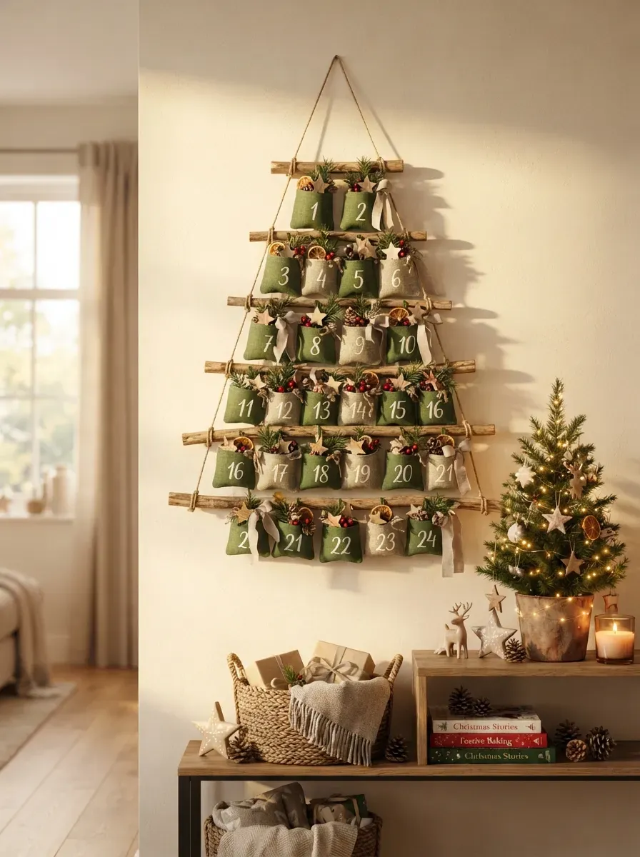 Rustic handmade wooden advent calendar with 24 tiny numbered compartments.