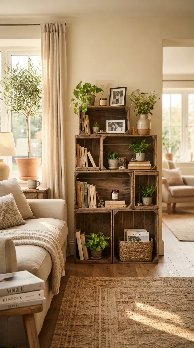 Stacked wooden crates transformed into rustic bookshelf with books plants baskets and decor.