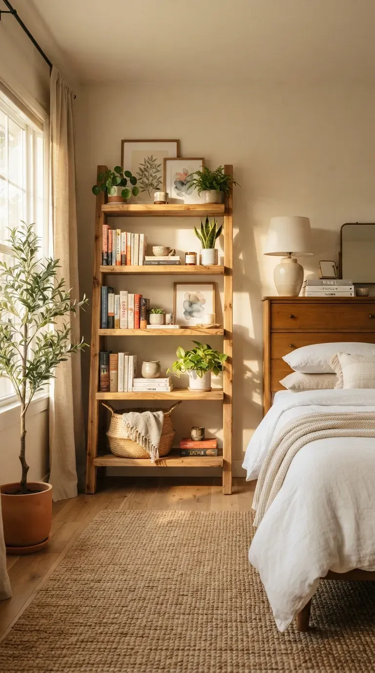Rustic wooden ladder bookshelf styled with books plants baskets and neutral decor.