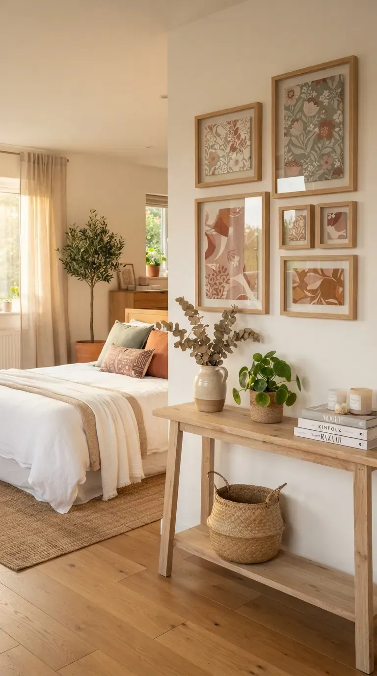 Modern handmade wooden slat wall art creating warm texture above a console.