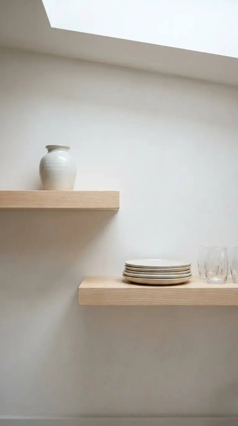 asymmetrical staggered natural wood floating ledges on modern white kitchen wall