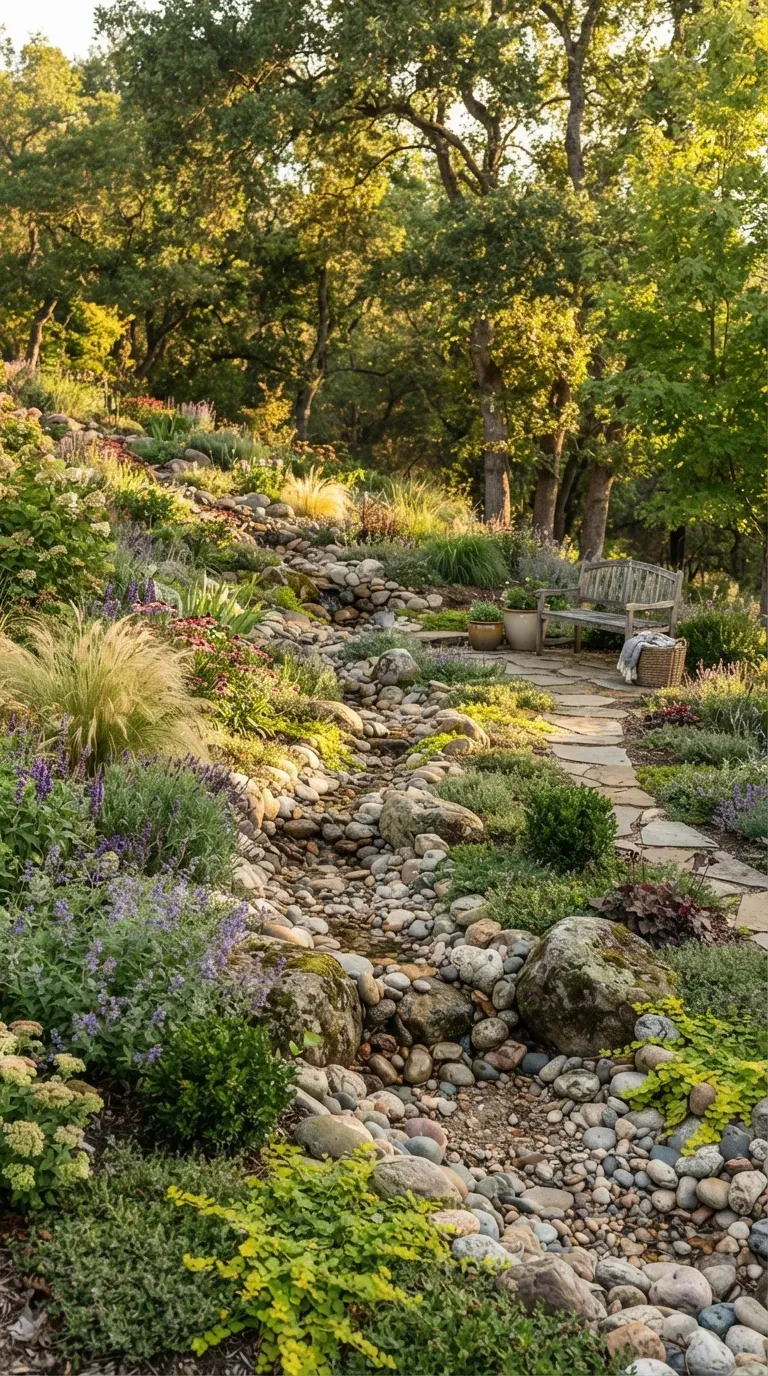 Natural dry creek bed guiding water through lush landscaped sloped backyard.