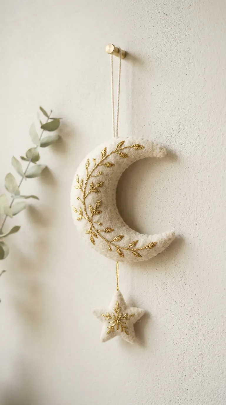 handcrafted cream and sage green felt crescent moon and star ornament with gold embroidery on a wall hook