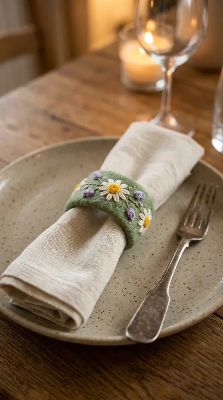 linen dinner napkin wrapped with a handmade felt daisy and lavender embroidered napkin ring on a ceramic plate