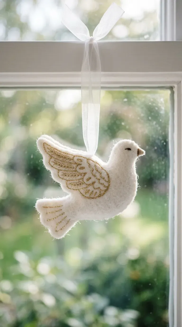 handcrafted white wool felt dove bird ornament with gold embroidered wing stitching hanging on a ribbon