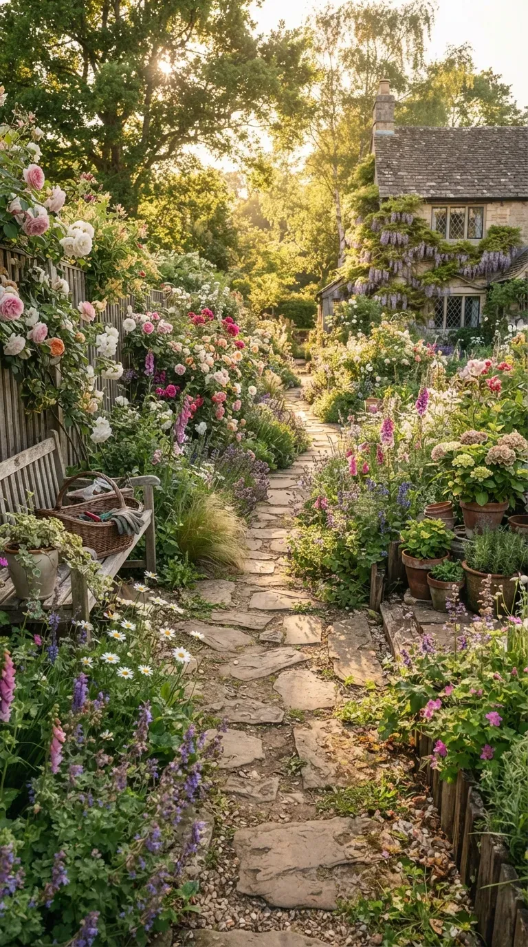 Charming stone pathway surrounded by overflowing English roses and cottage flowers.