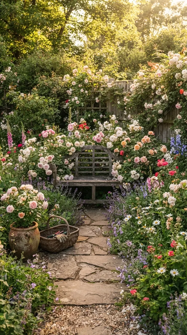 Cozy wooden garden bench surrounded by fragrant pink and white English roses.