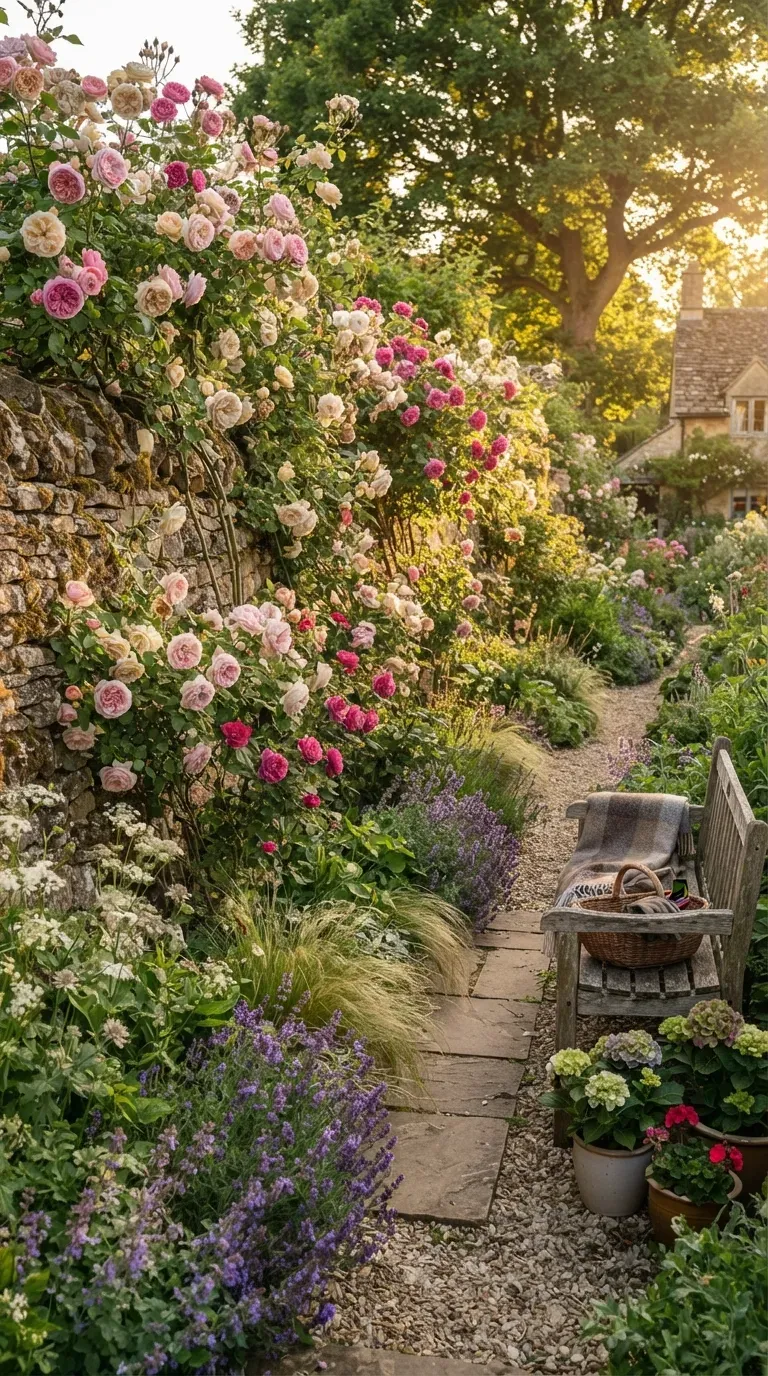 Climbing English roses growing beautifully against rustic natural stone garden wall.