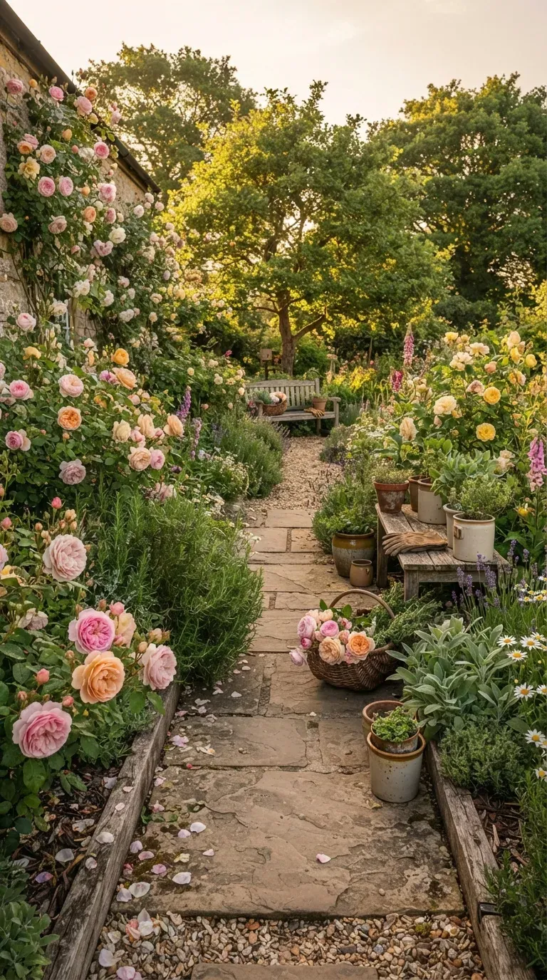 Romantic English garden combining pink roses fragrant herbs and cottage flowers.