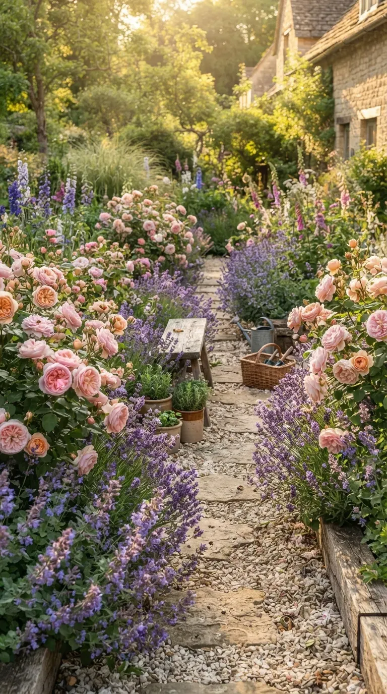 Pink English roses mixed with fragrant lavender and purple catmint borders.