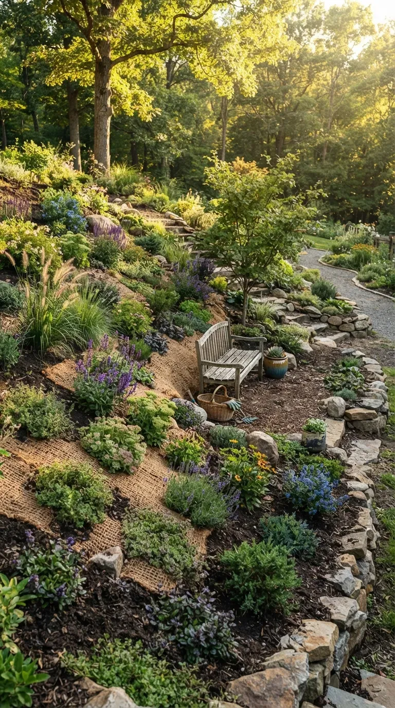 Well-planted hillside garden protected with groundcovers shrubs and erosion control materials.