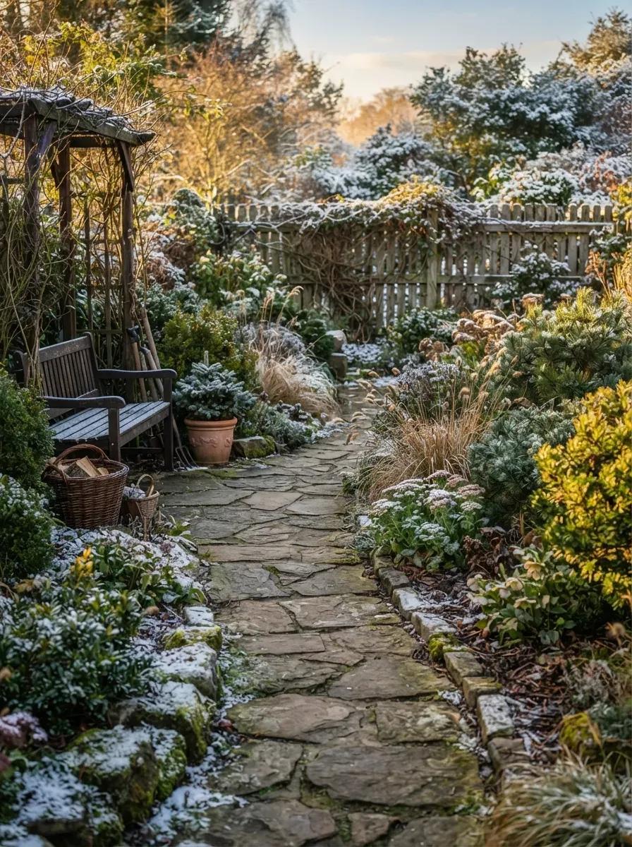 Cold climate garden with evergreen shrubs creating beautiful year-round winter structure.