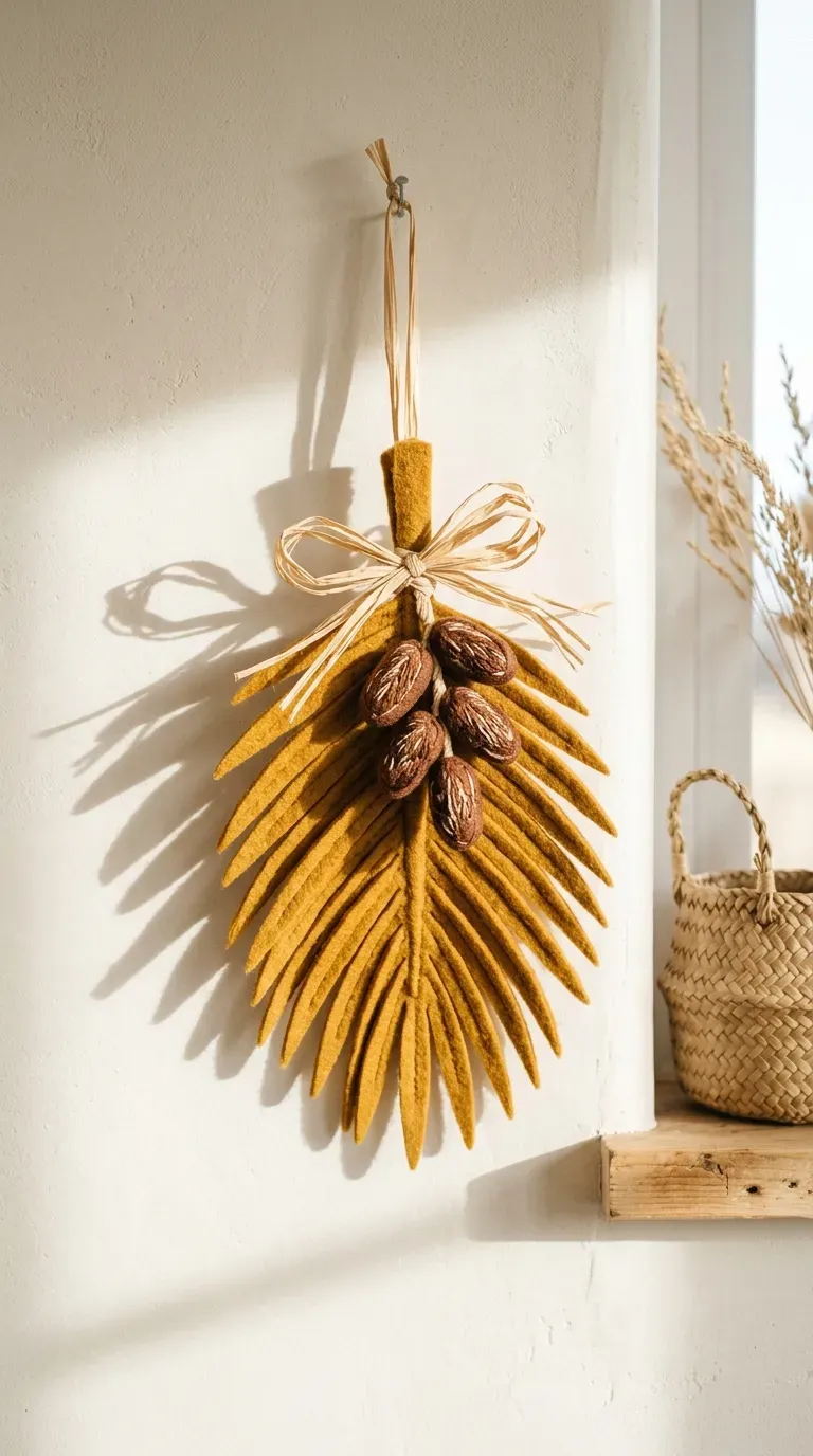 golden ochre felt palm leaf and embroidered date cluster ornament hanging on a raffia ribbon