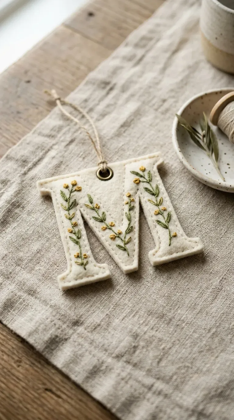 thick cream felt letter monogram ornament with embroidered botanical leafy detail on a linen runner
