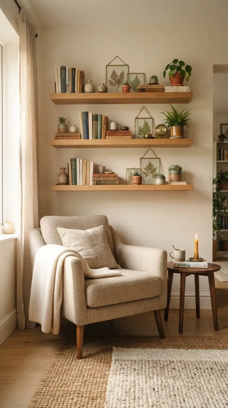 Modern reading nook with floating wooden bookshelves displaying favorite books plants and decor.