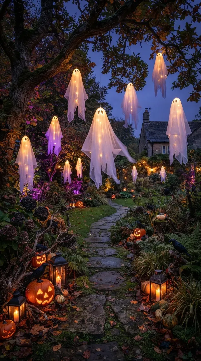 Glowing floating white ghosts hanging mysteriously among dark garden trees at night.