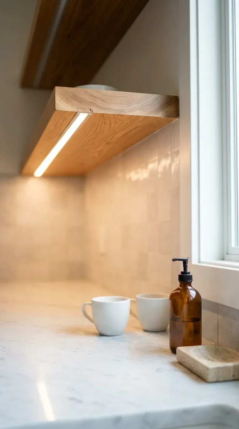 floating white oak open kitchen shelf with warm under-shelf led strip lighting