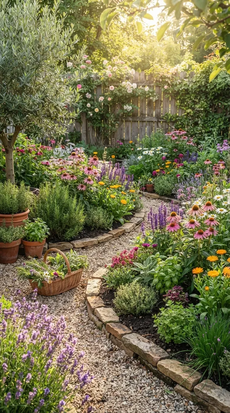 Mixed garden combining colorful flowers culinary herbs and lush green foliage.