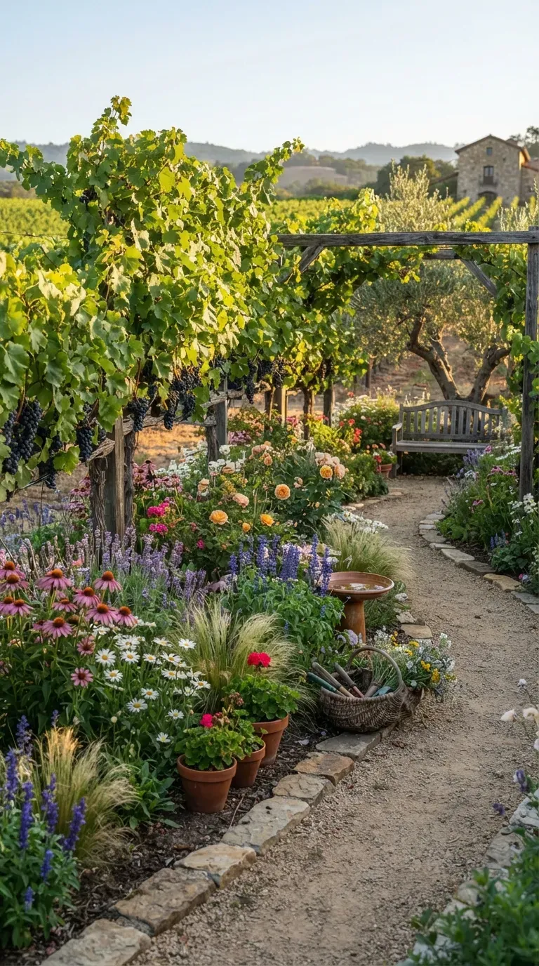 Colorful flower garden mixed beautifully with lush grapevines and rustic pathways.