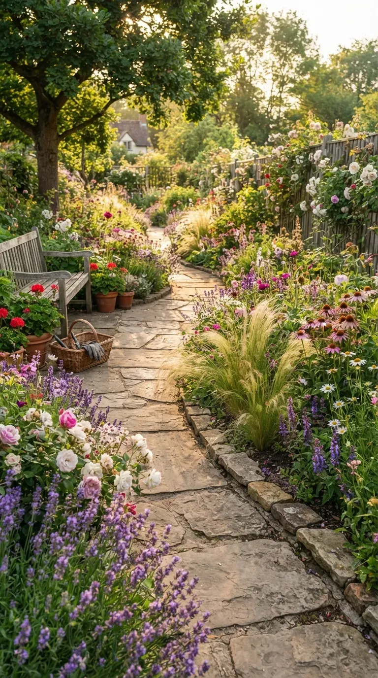 Colorful flowers lining a winding garden path through lush greenery.