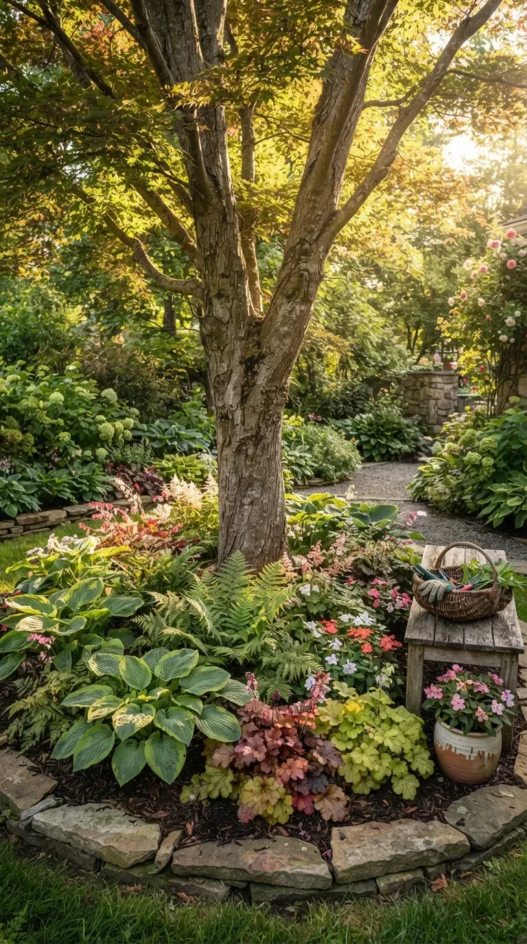Shaded flower bed surrounding mature tree with layered colorful blooms.
