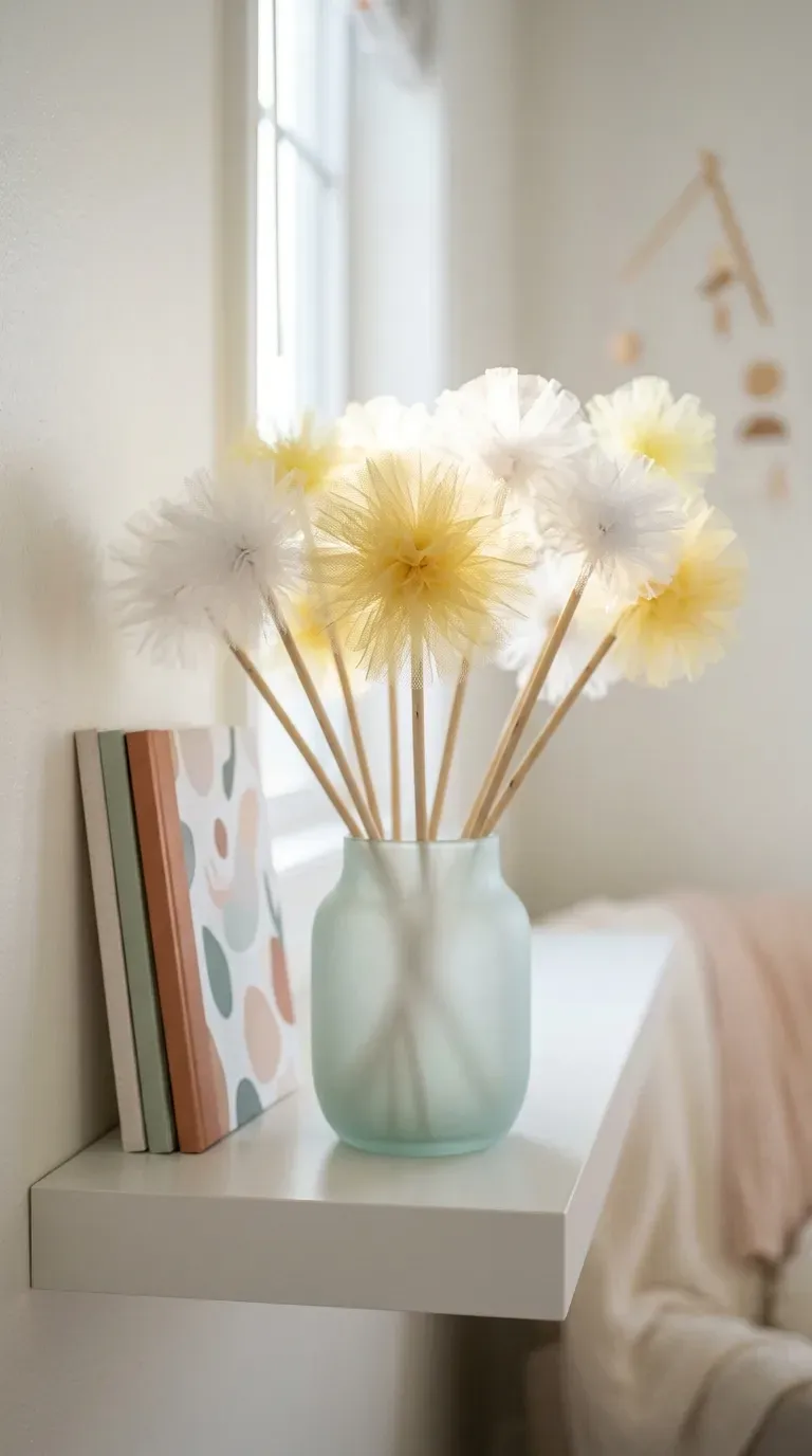 whimsical white and pale yellow tulle pom-pom dandelion stems in a frosted glass vase