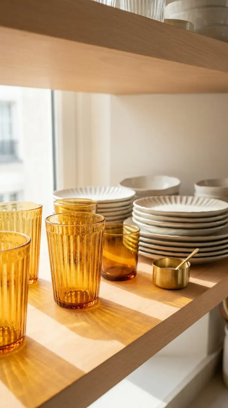 open kitchen shelf styled with fluted glass tumblers and ribbed ceramic plates